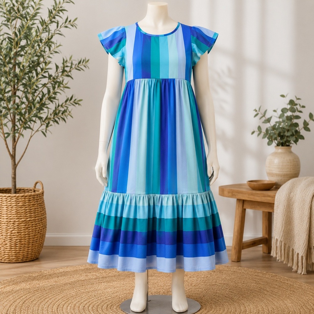 NWOT Isaac Mizrahi Live! Tiered Midi Dress XL Blue Teal Striped Short Sleeve